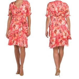 Tahari ASL Ruffle Hem Tie Waist V-Neck Short Sleeve Pink Floral Mini Dress 2 NWT